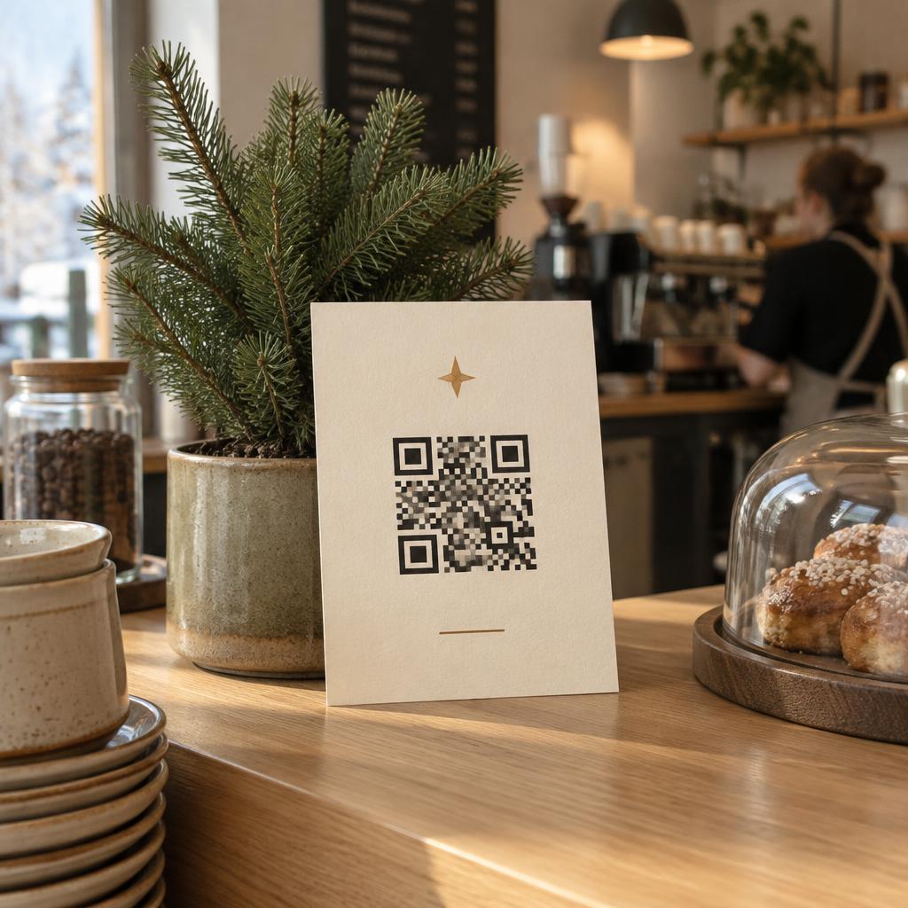 QR-koodi tulostettuna pienenä tiskikylttinä kahvilassa